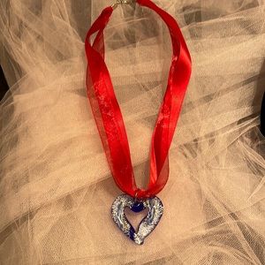 Valentine ready blue glass heart on double red ribbon❤️